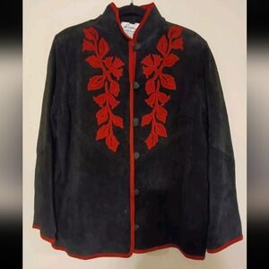 New! LINEA by LOUIS DELL'OLIO Jacket Genuine Leather Black Suede Red Leaves Sz M